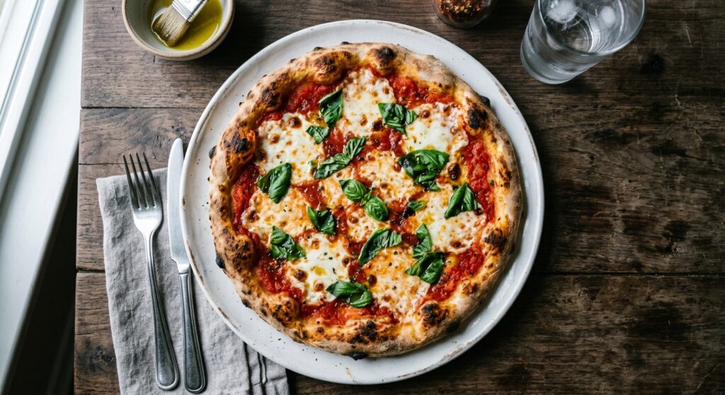 A Margherita pizza with red sauce, melted mozzarella, and fresh basil leaves on a white plate.