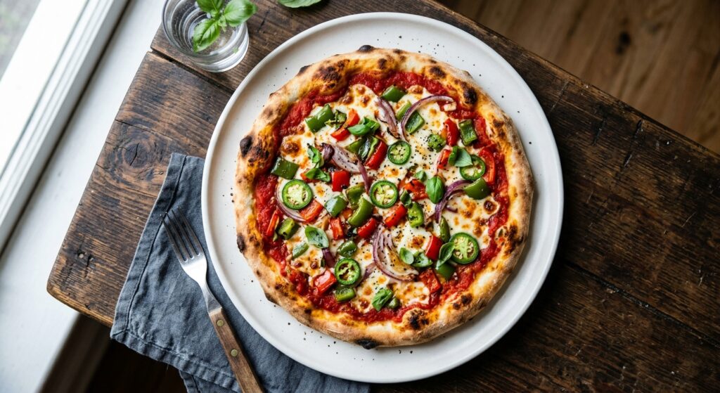A round pizza with red sauce, melted cheese, green peppers, red onions, and jalapeños.