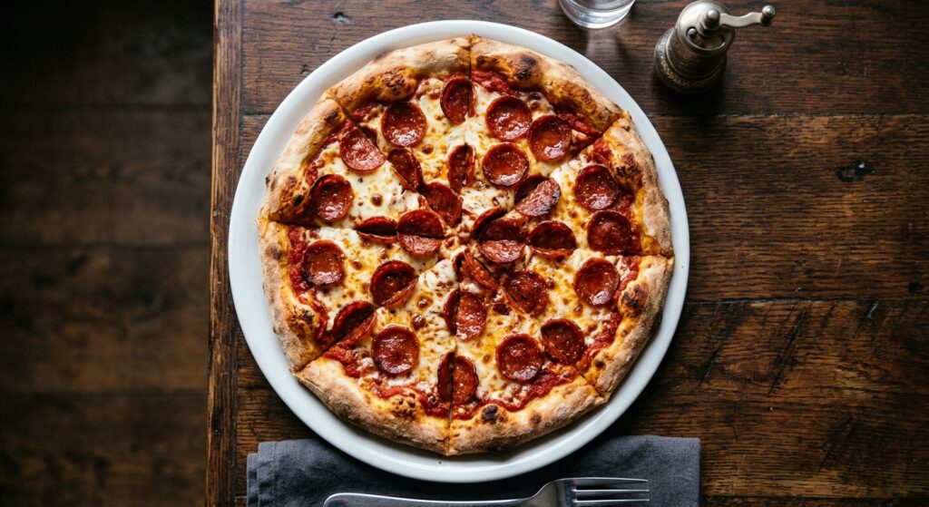 A sliced pepperoni pizza with melted cheese on a white plate on a wooden table.