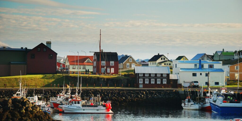 View of Stykkishólmur harbour and town on the Snæfellsnes peninsula, Iceland