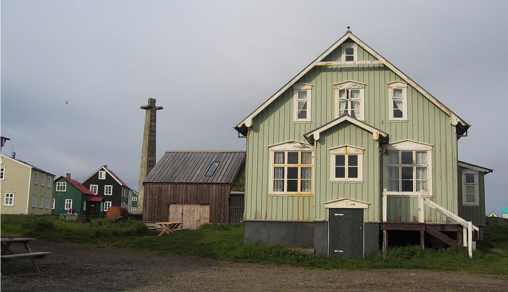 Colourful preserved 19th-century timber houses in the old village on Flatey island, Breiðafjörður, Iceland