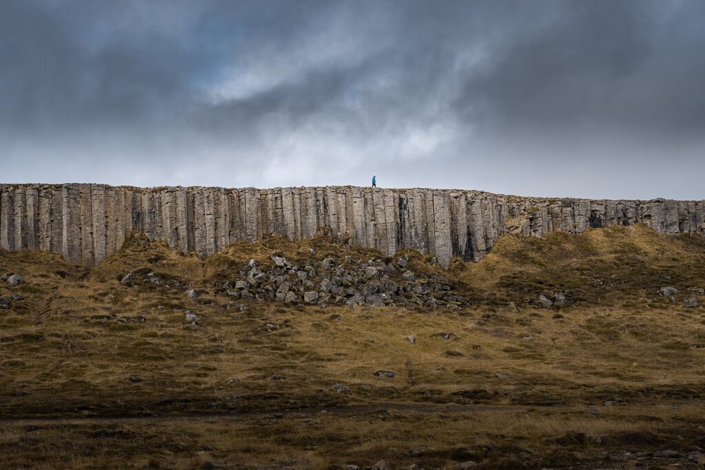 Rows of tall hexagonal basalt columns forming a cliff wall at Gerðuberg on southern Snæfellsnes, Iceland