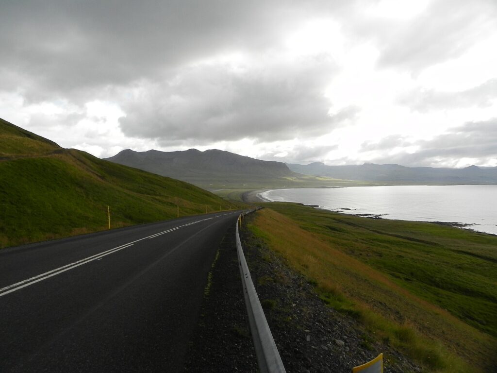 View of the road and landscape along the Snæfellsnesvegur (Route 54) route on the Snæfellsnes peninsula, Iceland