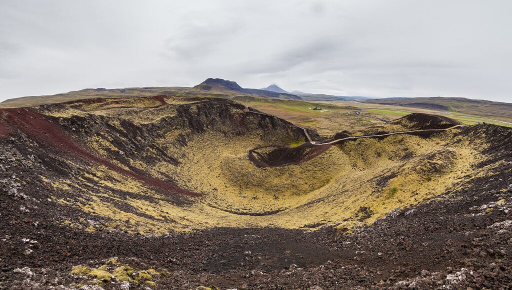 Grábrók volcanic crater with its rim path, beside the Ring Road in Borgarfjörður, West Iceland