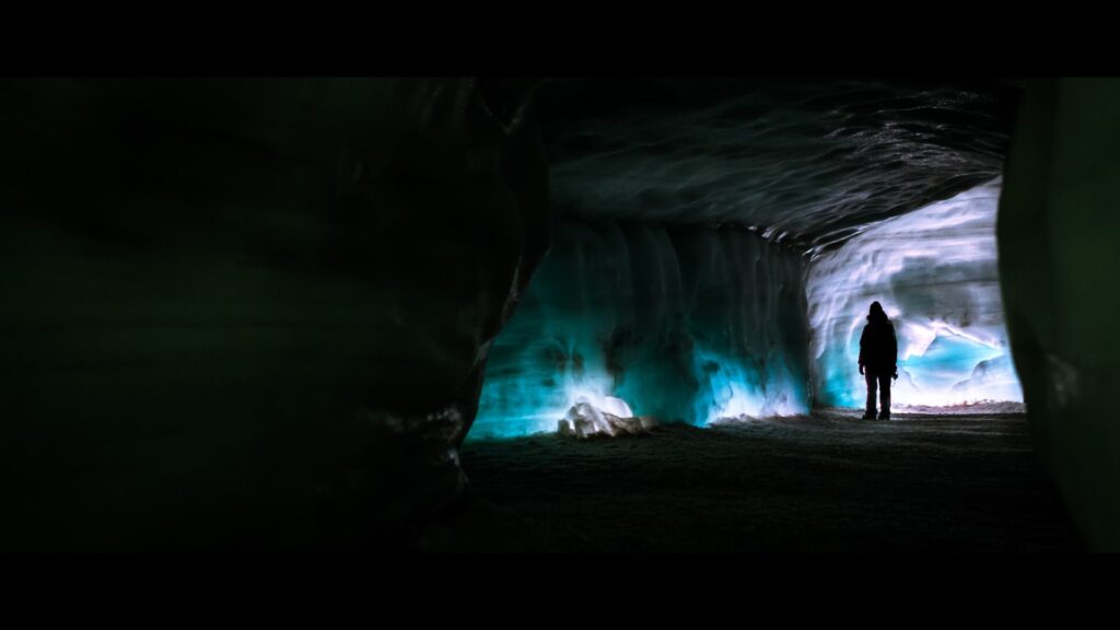 Visitors at the Into the Glacier site on Langjökull glacier in Iceland, on the snow-covered ice cap near the tunnel entrance.