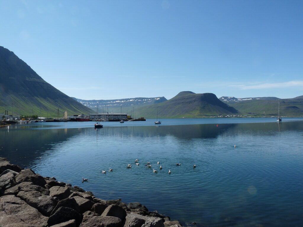 View of Ísafjörður harbour and town in the Westfjords of Iceland, with mountains behind
