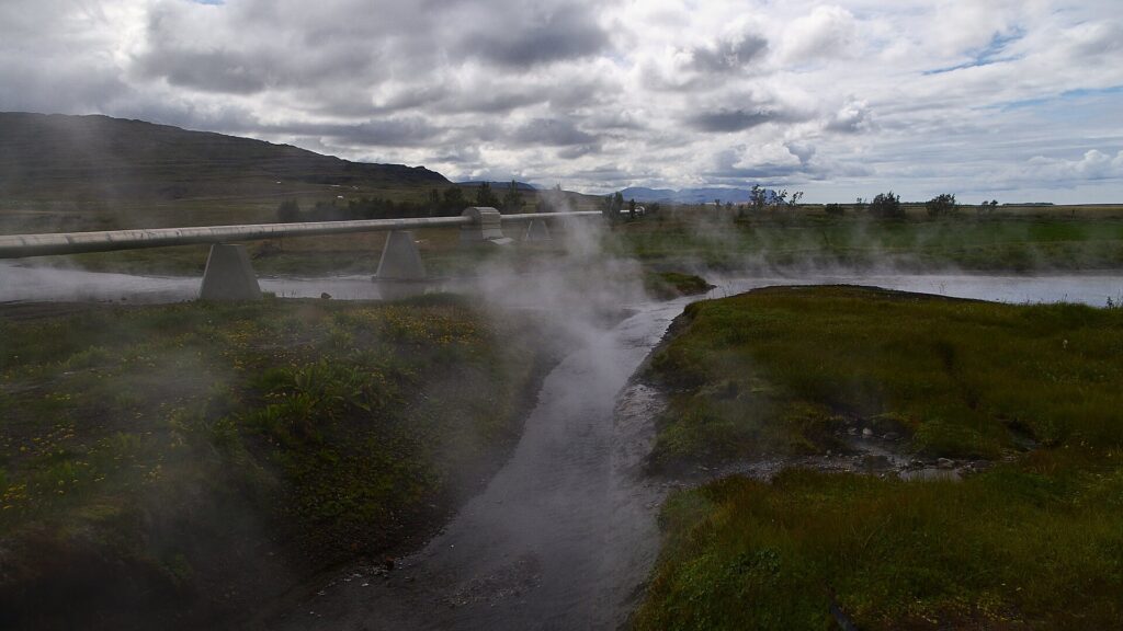 Steam rising from the Deildartunguhver geothermal hot spring near Kleppjárnsreykir, West Iceland