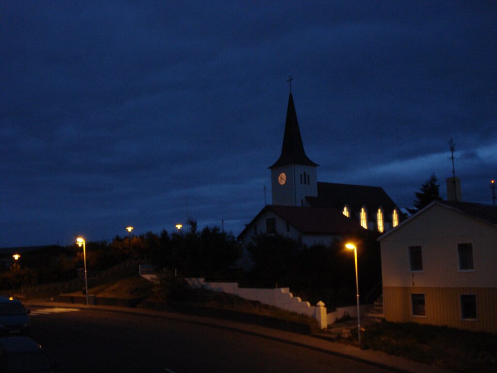 Borgarnes church at night in West Iceland