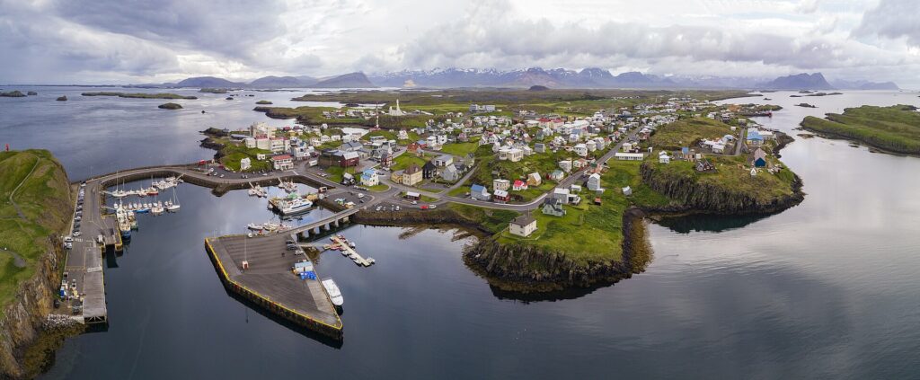 Aerial panorama of Stykkishólmur, Iceland, showing the harbour town and surrounding coastline of Snæfellsnes